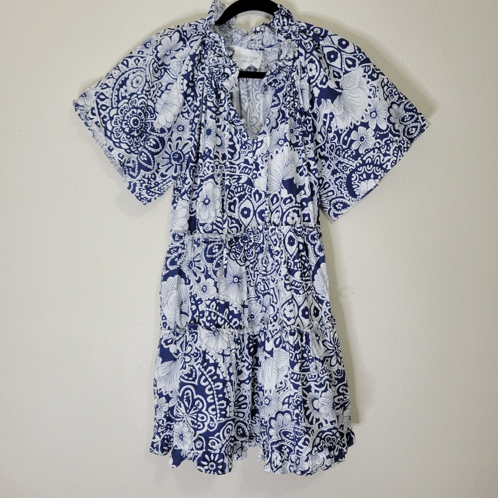 Hyacinth House Mini Dress Floral Print Ruffle Neck Wide Short Sleeve Blue Small